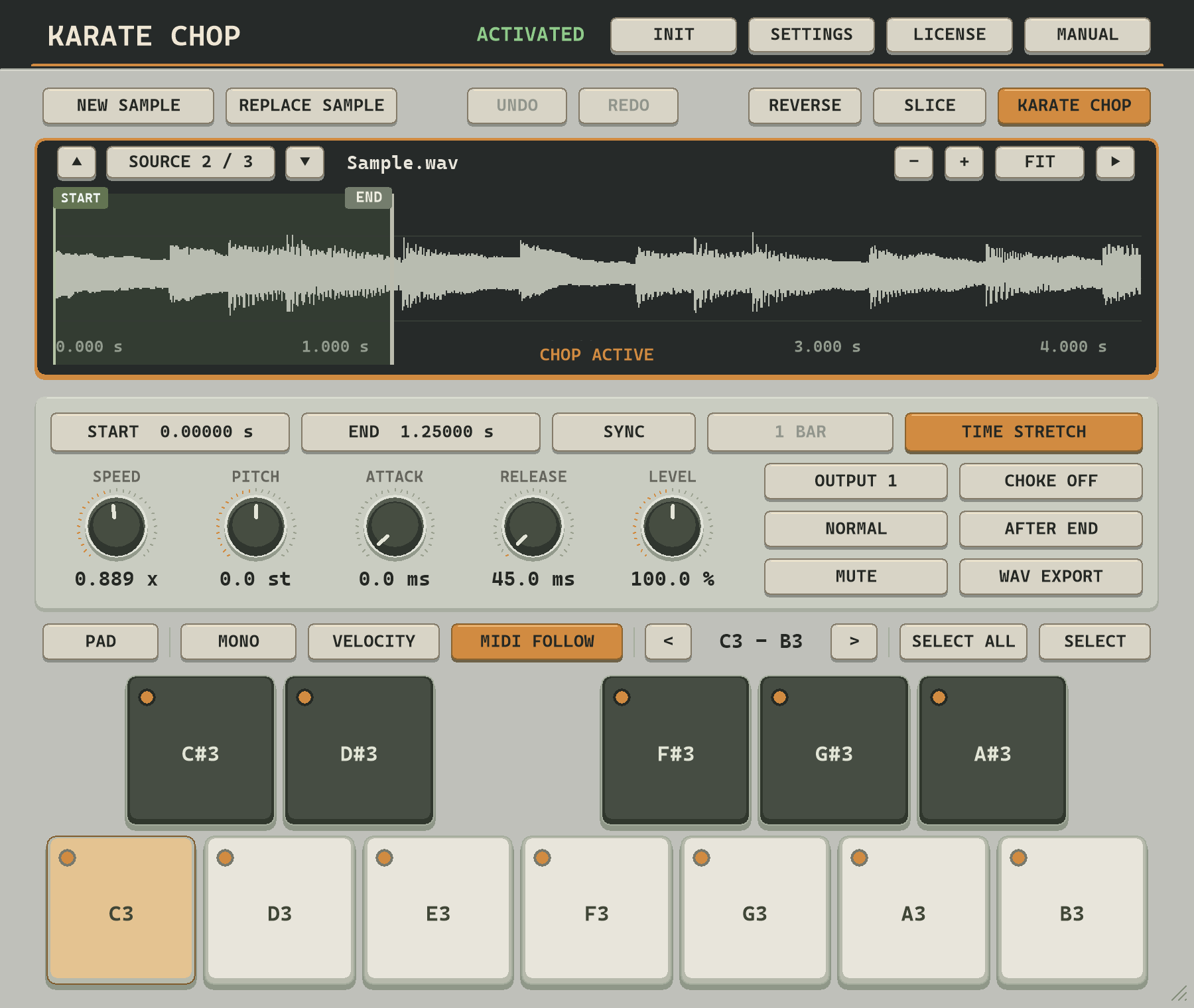 KARATE CHOP enabled: an orange frame around the waveform and CHOP ACTIVE