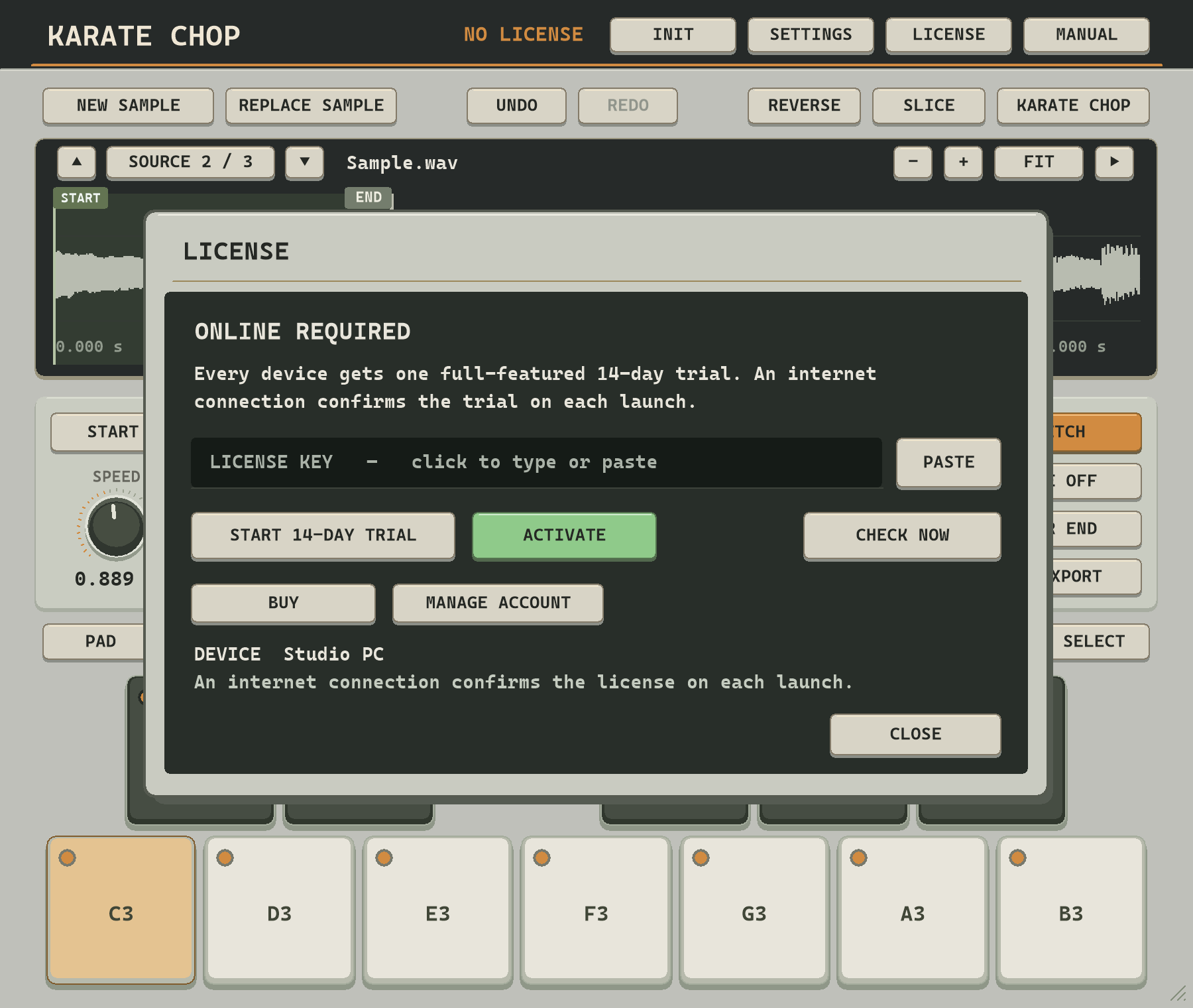 The LICENSE panel with START 14-DAY TRIAL and ACTIVATE buttons
