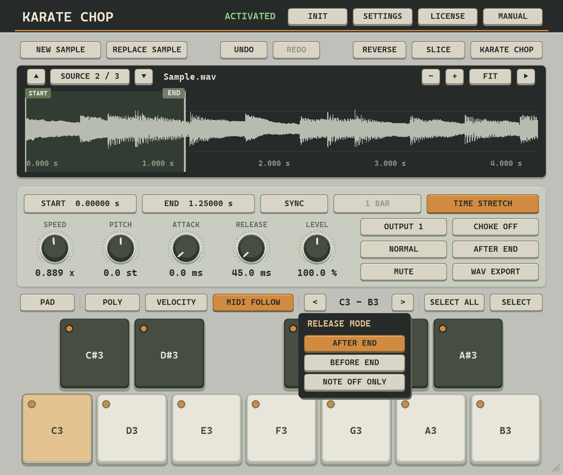 The release-mode menu: AFTER END, BEFORE END, and NOTE OFF ONLY.