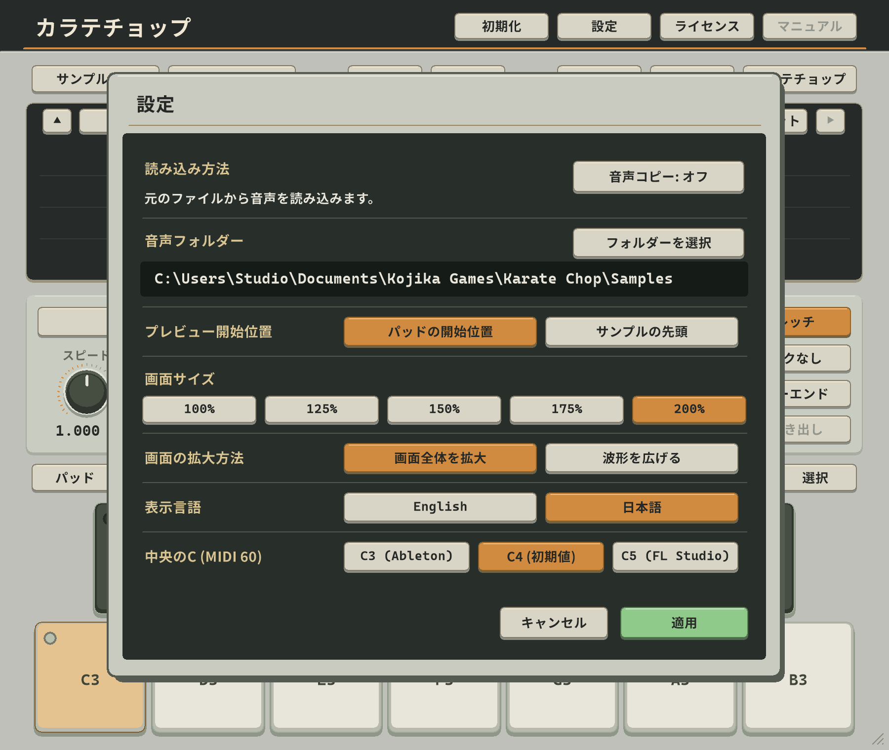 日本語表示の設定パネル